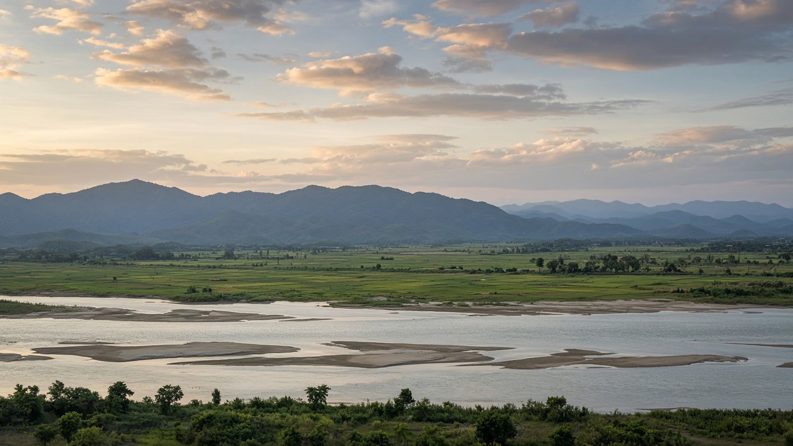 The Brahmaputra river valley in Assam under late-afternoon light