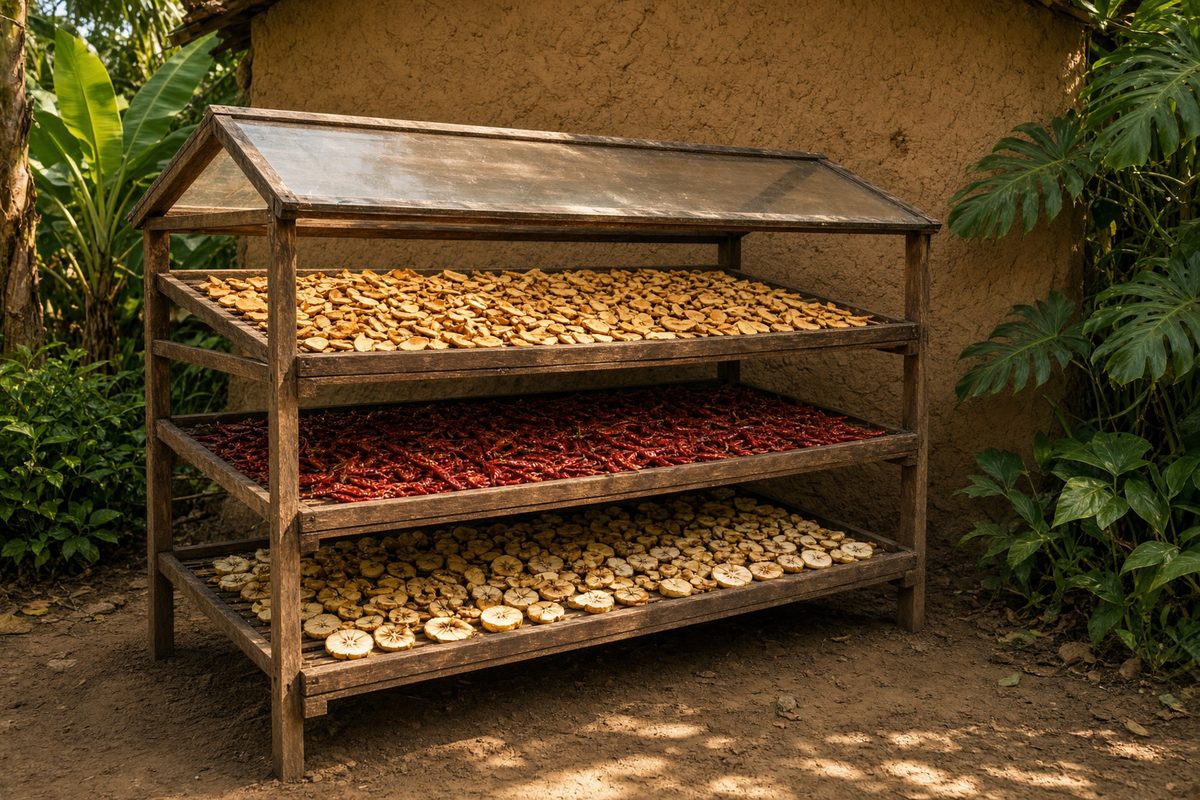Turmeric, chillies and fruit drying on racks under a solar dryer canopy