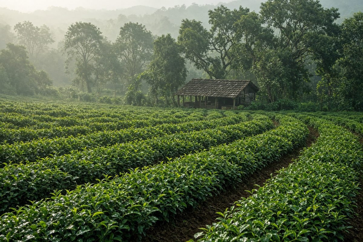 Rows of tea bushes at an Assam tea estate in morning light