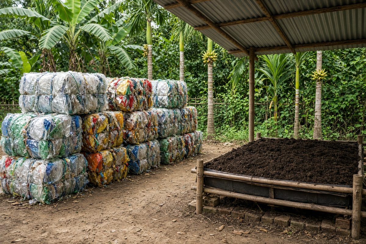 Sorted plastic bales and a vermicompost bed at a rural waste-management unit